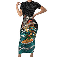 Personalized Japanese Koi Fish Ramen Short Sleeve Bodycon Dress Tiki Surfing Wagara Hibiscus Pattern