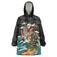 Personalized Japanese Koi Fish Ramen Wearable Blanket Hoodie Tiki Surfing Wagara Hibiscus Pattern