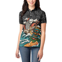 Personalized Japanese Koi Fish Ramen Women Polo Shirt Tiki Surfing Wagara Hibiscus Pattern