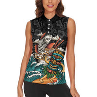 Personalized Japanese Koi Fish Ramen Women Sleeveless Polo Shirt Tiki Surfing Wagara Hibiscus Pattern