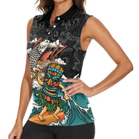 Personalized Japanese Koi Fish Ramen Women Sleeveless Polo Shirt Tiki Surfing Wagara Hibiscus Pattern