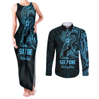 Blue Guam Latte Stone Tribal Tattoo Couples Matching Tank Maxi Dress and Long Sleeve Button Shirt Hafa Adai Six 7 One