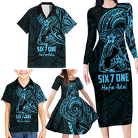 Blue Guam Latte Stone Tribal Tattoo Family Matching Long Sleeve Bodycon Dress and Hawaiian Shirt Hafa Adai Six 7 One