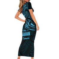 Blue Guam Latte Stone Tribal Tattoo Family Matching Short Sleeve Bodycon Dress and Hawaiian Shirt Hafa Adai Six 7 One