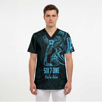 Blue Guam Latte Stone Tribal Tattoo Scrub Top Hafa Adai Six 7 One - Polynesian Pride
