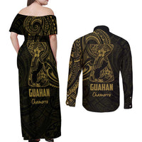 Gold Guam Latte Stone Tribal Tattoo Couples Matching Off Shoulder Maxi Dress and Long Sleeve Button Shirt Hafa Adai Six 7 One