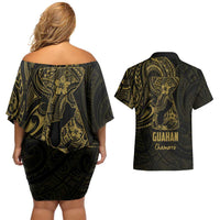 Gold Guam Latte Stone Tribal Tattoo Couples Matching Off Shoulder Short Dress and Hawaiian Shirt Hafa Adai Six 7 One