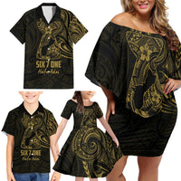 Gold Guam Latte Stone Tribal Tattoo Family Matching Off Shoulder Short Dress and Hawaiian Shirt Hafa Adai Six 7 One