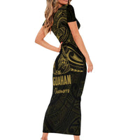 Gold Guam Latte Stone Tribal Tattoo Short Sleeve Bodycon Dress Hafa Adai Six 7 One