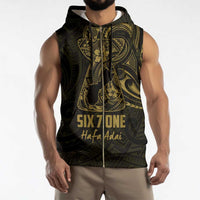 Gold Guam Latte Stone Tribal Tattoo Sleeveless Zip Hoodie Hafa Adai Six 7 One - Polynesian Pride