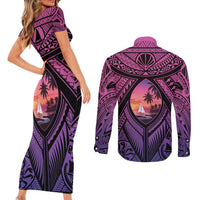 Guam Chamorro Artsy Couples Matching Short Sleeve Bodycon Dress and Long Sleeve Button Shirt Guahan Sunset Beach