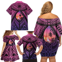 Guam Chamorro Artsy Family Matching Off Shoulder Short Dress and Hawaiian Shirt Guahan Sunset Beach