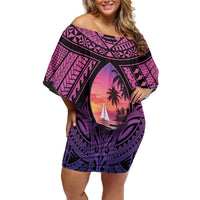Guam Chamorro Artsy Family Matching Off Shoulder Short Dress and Hawaiian Shirt Guahan Sunset Beach