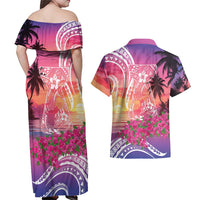 Guam Latte Stone with Map Couples Matching Off Shoulder Maxi Dress and Hawaiian Shirt Bougainvillea Beach Sunset