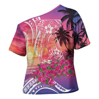 Guam Latte Stone with Map Cross Shoulder Shirt Bougainvillea Beach Sunset - Polynesian Pride