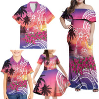 Guam Latte Stone with Map Family Matching Off Shoulder Maxi Dress and Hawaiian Shirt Bougainvillea Beach Sunset
