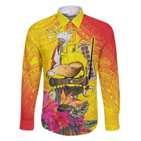 Papua New Guinea Cultural Tropical Flowers Family Matching Off Shoulder Maxi Dress and Hawaiian Shirt LT9 Dad's Shirt - Long Sleeve Gold - Polynesian Pride