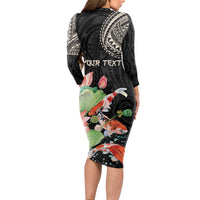 Personalized Japanese Koi Fish Long Sleeve Bodycon Dress with Polynesian Pattern
