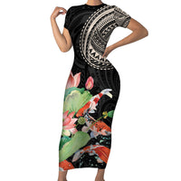 Personalized Japanese Koi Fish Short Sleeve Bodycon Dress with Polynesian Pattern