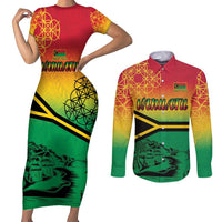 Hapi 45th Indipendens Dei Vanuatu Couples Matching Short Sleeve Bodycon Dress and Long Sleeve Button Shirt Yumi 1980 with Vanuatuan Beach Landscape