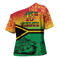 Hapi 45th Indipendens Dei Vanuatu Cross Shoulder Shirt Yumi 1980 with Vanuatuan Beach Landscape - Polynesian Pride