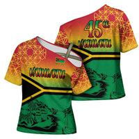 Hapi 45th Indipendens Dei Vanuatu Cross Shoulder Shirt Yumi 1980 with Vanuatuan Beach Landscape - Polynesian Pride