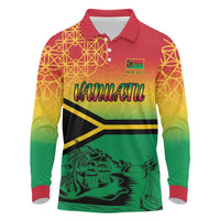 Hapi 45th Indipendens Dei Vanuatu Long Sleeve Polo Shirt Yumi 1980 with Vanuatuan Beach Landscape