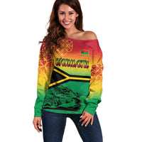 Hapi 45th Indipendens Dei Vanuatu Off Shoulder Sweater Yumi 1980 with Vanuatuan Beach Landscape