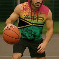 Hapi 45th Indipendens Dei Vanuatu Sleeveless Zip Hoodie Yumi 1980 with Vanuatuan Beach Landscape - Polynesian Pride