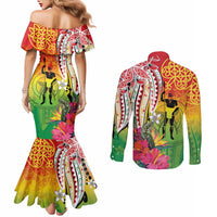 Vanuatu 45th Anniversary Couples Matching Mermaid Dress and Long Sleeve Button Shirt Polynesian with Sand Drawing Pattern