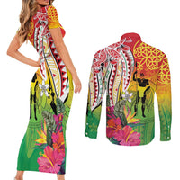 Vanuatu 45th Anniversary Couples Matching Short Sleeve Bodycon Dress and Long Sleeve Button Shirt Polynesian with Sand Drawing Pattern
