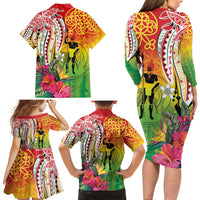 Vanuatu 45th Anniversary Family Matching Long Sleeve Bodycon Dress and Hawaiian Shirt Polynesian with Sand Drawing Pattern