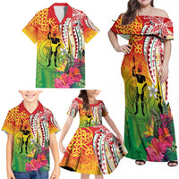 Vanuatu 45th Anniversary Family Matching Off Shoulder Maxi Dress and Hawaiian Shirt Polynesian with Sand Drawing Pattern