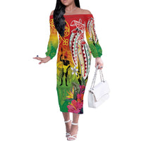 Vanuatu 45th Anniversary Off The Shoulder Long Sleeve Dress Polynesian with Sand Drawing Pattern