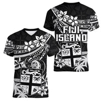Fiji Islands Women V Neck T Shirt Coat of Arms Fijian Flower Polynesian Pattern - Black LT9 - Polynesian Pride