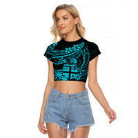 Fiji Islands Raglan Cropped T Shirt Coat of Arms Fijian Flower Polynesian Pattern - Aqua LT9 Female Aqua - Polynesian Pride