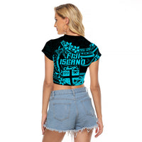 Fiji Islands Raglan Cropped T Shirt Coat of Arms Fijian Flower Polynesian Pattern - Aqua LT9 - Polynesian Pride