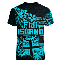 Fiji Islands Women V Neck T Shirt Coat of Arms Fijian Flower Polynesian Pattern - Aqua LT9 - Polynesian Pride