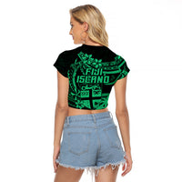 Fiji Islands Raglan Cropped T Shirt Coat of Arms Fijian Flower Polynesian Pattern - Green LT9 - Polynesian Pride