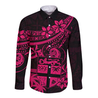 Fiji Islands Long Sleeve Button Shirt Coat of Arms Fijian Flower Polynesian Pattern - Pink LT9 Unisex Pink - Polynesian Pride