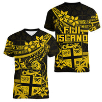 Fiji Islands Women V Neck T Shirt Coat of Arms Fijian Flower Polynesian Pattern - Yellow LT9 - Polynesian Pride