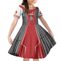 Custom Tonga Rugby Family Matching Off The Shoulder Long Sleeve Dress and Hawaiian Shirt Mate Maa Kupesi Style LT9 Daughter's Dress Red - Polynesian Pride