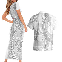 Niue White Sunday Couples Matching Short Sleeve Bodycon Dress and Hawaiian Shirt Niuean Lotu Tamaiti Hiapo Pattern - Polynesian Pride