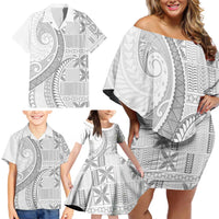Niue White Sunday Family Matching Off Shoulder Short Dress and Hawaiian Shirt Niuean Lotu Tamaiti Hiapo Pattern - Polynesian Pride