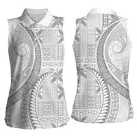 Niue White Sunday Women Sleeveless Polo Shirt Niuean Lotu Tamaiti Hiapo Pattern - Polynesian Pride