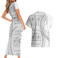 Polynesian White Sunday Couples Matching Short Sleeve Bodycon Dress and Hawaiian Shirt Lotu Tamaiti Melanesian Pattern - Polynesian Pride