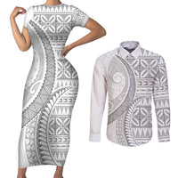 Polynesian White Sunday Couples Matching Short Sleeve Bodycon Dress and Long Sleeve Button Shirt Lotu Tamaiti Melanesian Pattern - Polynesian Pride