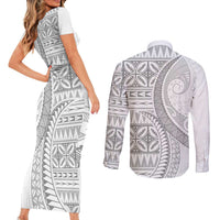 Polynesian White Sunday Couples Matching Short Sleeve Bodycon Dress and Long Sleeve Button Shirt Lotu Tamaiti Melanesian Pattern - Polynesian Pride