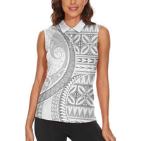 Polynesian White Sunday Women Sleeveless Polo Shirt Lotu Tamaiti Melanesian Pattern - Polynesian Pride