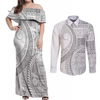 Samoa Siapo White Sunday Couples Matching Off Shoulder Maxi Dress and Long Sleeve Button Shirt Lotu Tamaiti Polynesian White Pattern - Polynesian Pride